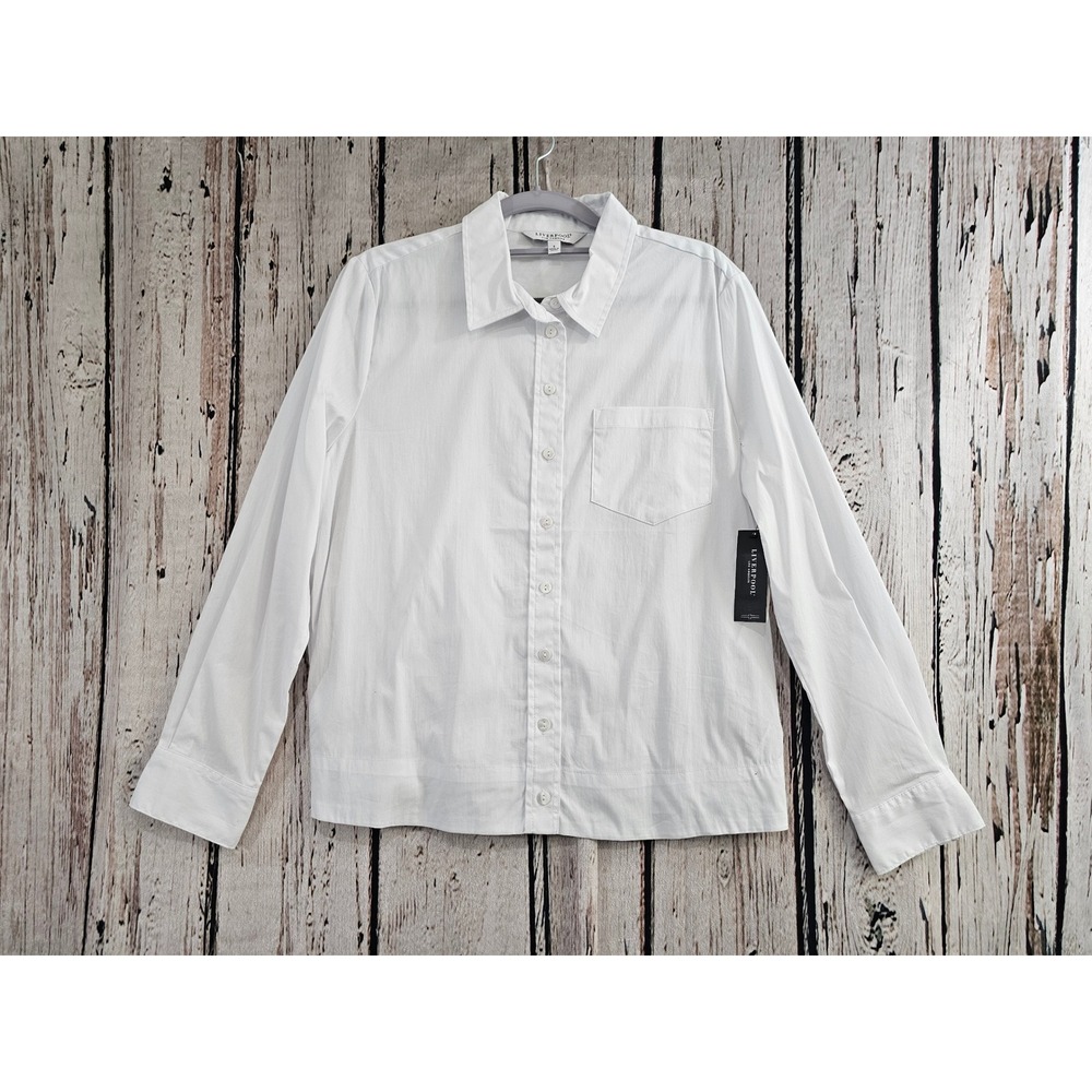 Liverpool Button Down Women S White Solid Smocked Back Long Sleeve LM8D30G52 NEW